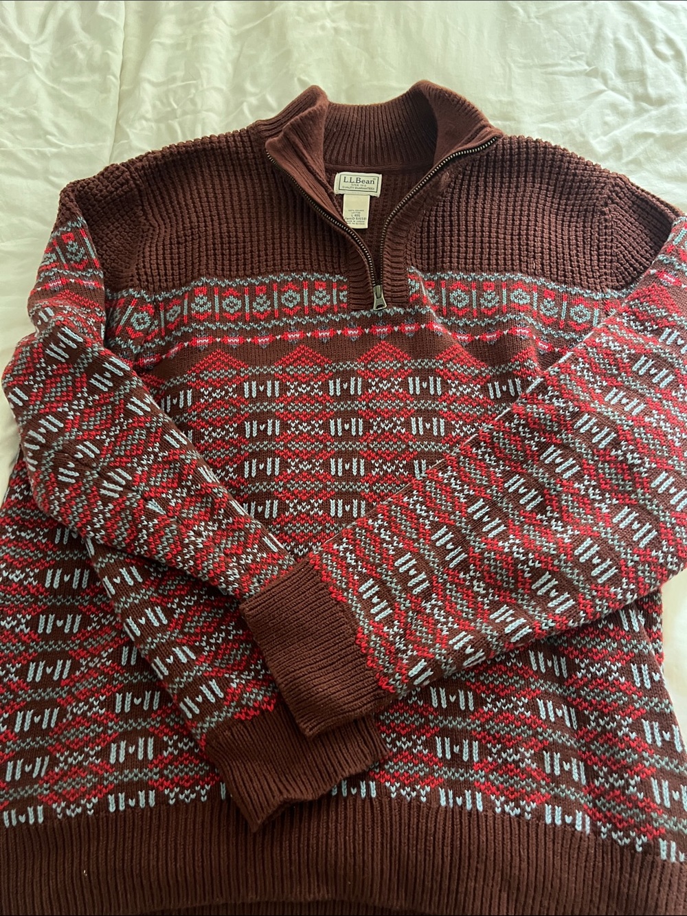 L.L. Bean Brown Fair Isle Half-Zip Sweater with Red and Gray Accents
